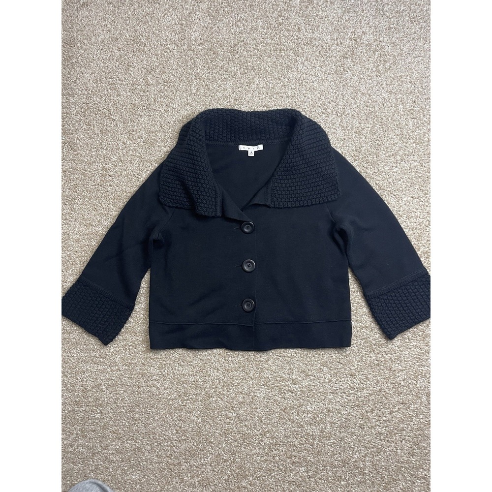 CAbi Black Button-Front Sweater Jacket with Textured Collar